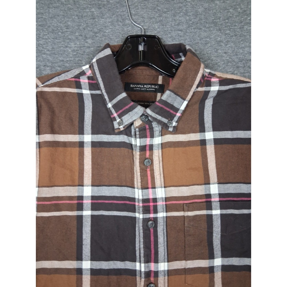 Banana Republic Mens Shirt M Brown Plaid Flannel Ultra Soft Untucked Slim Gorp